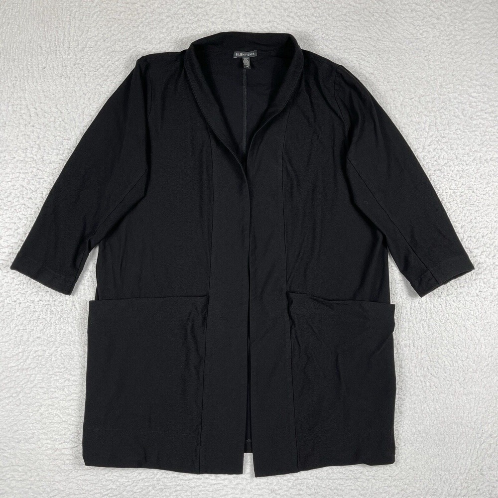 Eileen Fisher Jacket Womens Large Black 3/4 Sleeve Open Front Pockets Casual